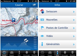 Deux captures d'écran de l'application Patrouille des Glaciers de Swisscom. Deux captures d'écran de l'application Patrouille des Glaciers de Swisscom.